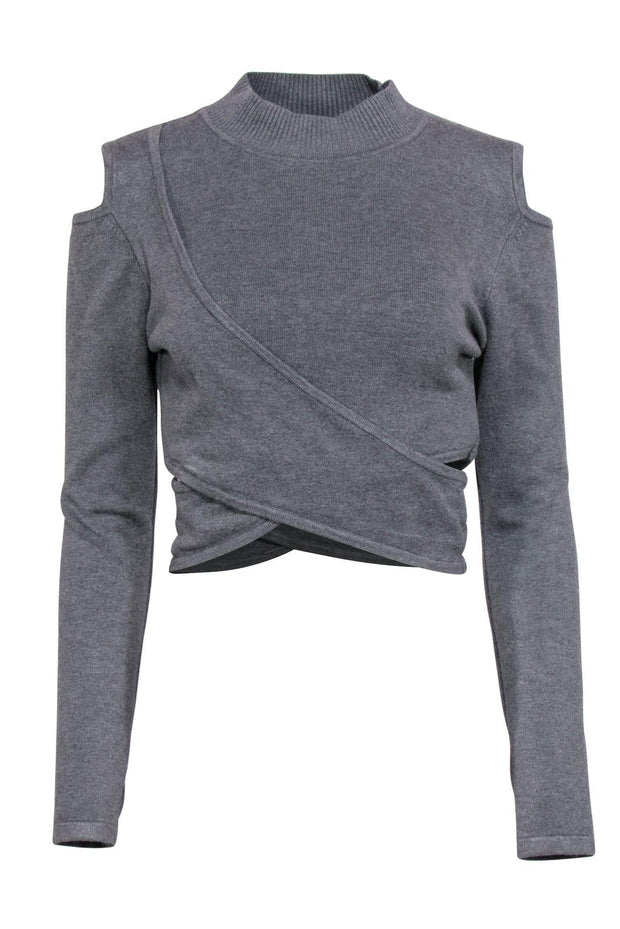 Current Boutique-Jonathan Simkhai - Grey Cold Shoulder Cropped Sweater w/ Crisscross Design Sz L