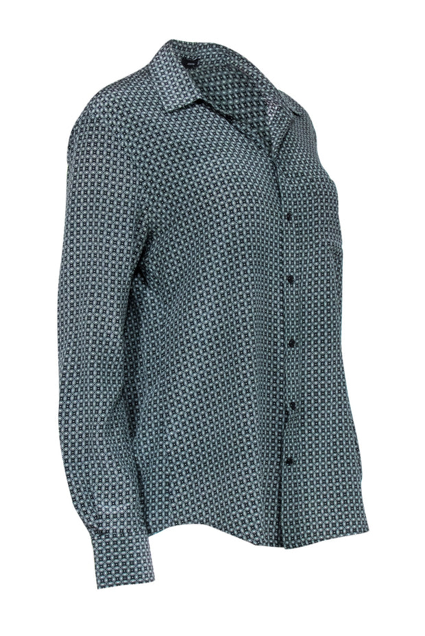 Current Boutique-Joseph - Green Geometric Pattern Silk Button up Blouse Sz XL