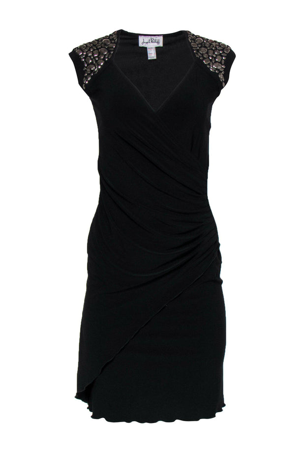 Current Boutique-Joseph Ribkoff - Black Plunge Gathered Side Sheath Dress w/ Beading Sz 2