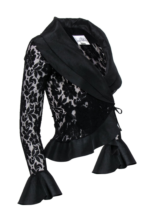 Current Boutique-Joseph Ribkoff - Black Pointelle Wrap Blouse w/ Oversized Collar Sz 4