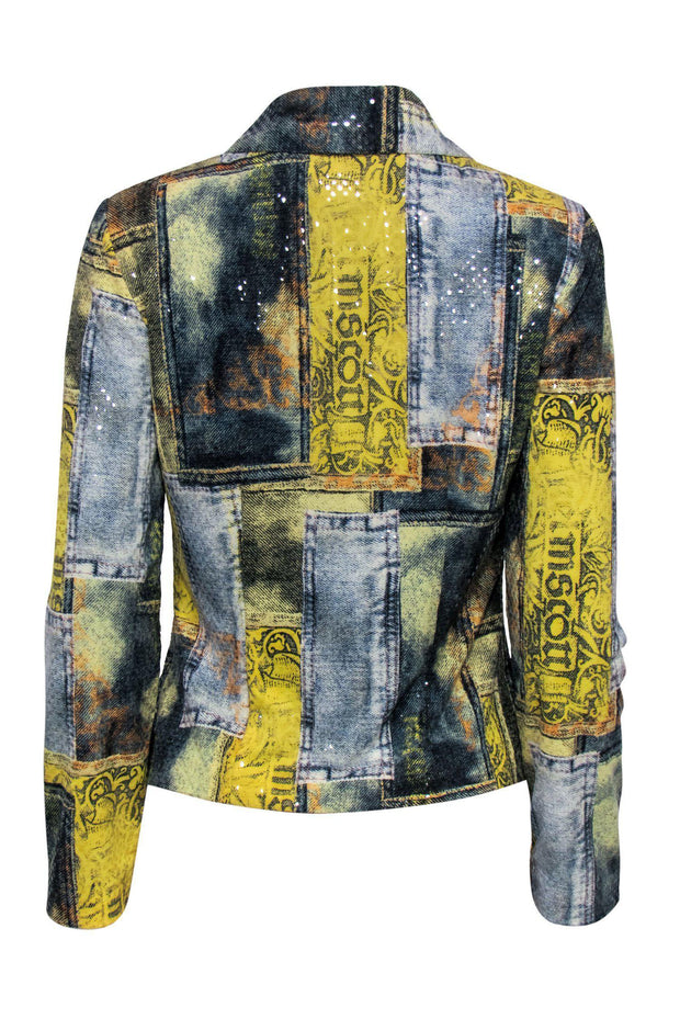 Current Boutique-Joseph Ribkoff - Blue & Yellow Denim Patchwork Print Jacket w/ Sequins Sz 8