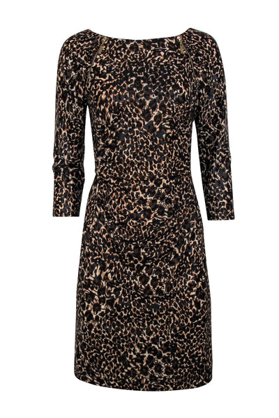 Current Boutique-Joseph Ribkoff - Brown & Black Leopard Print Quarter Sleeve Ruched Dress Sz 12