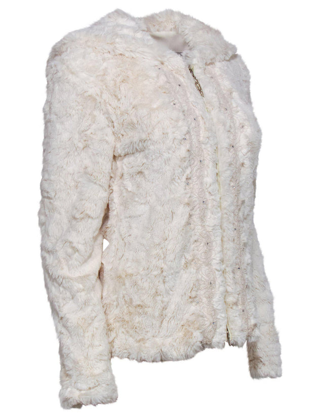 Current Boutique-Joseph Ribkoff - Ivory Faux Fur Zip-Up Hooded Jacket w/ Front Embellishments Sz 4