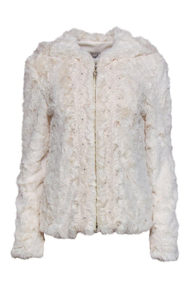 Current Boutique-Joseph Ribkoff - Ivory Faux Fur Zip-Up Hooded Jacket w/ Front Embellishments Sz 4