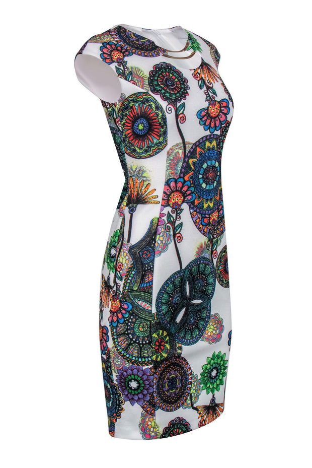 Current Boutique-Joseph Ribkoff - White & Multicolored Mandala Print Cap Sleeve Sheath Dress Sz 2