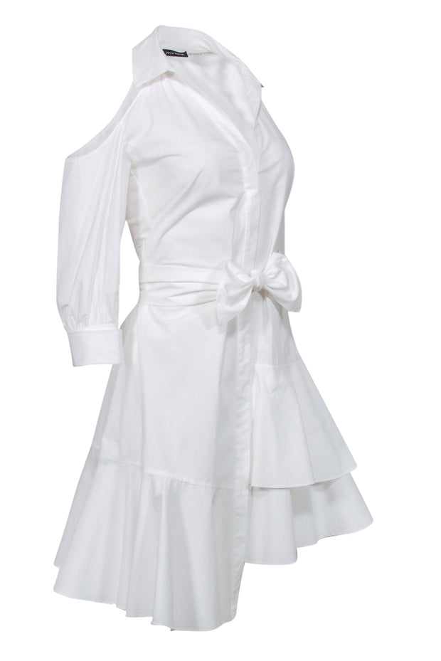 Current Boutique-Josie Natori - White Tied Cold Shoulder Shirtdress w/ Asymmetrical Flounce Sz 4