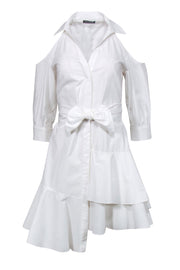 Current Boutique-Josie Natori - White Tied Cold Shoulder Shirtdress w/ Asymmetrical Flounce Sz 4