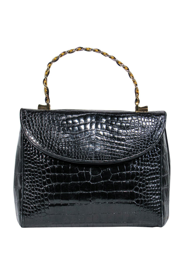 Current Boutique-Judith Leiber - Black Crocodile Leather Structured Handbag w/ Convertible Strap