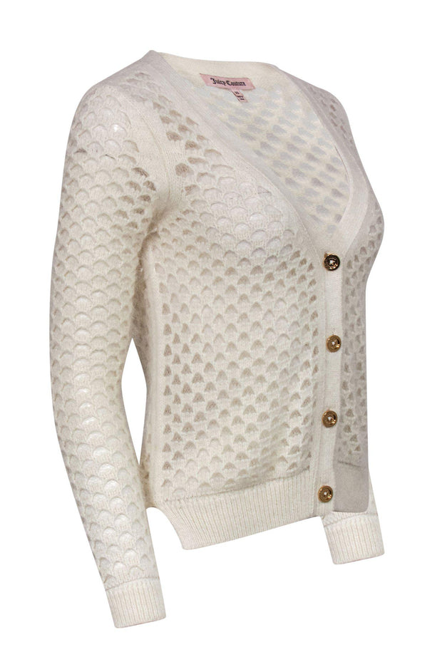 Current Boutique-Juicy Couture - White Rabbit Fur Blend Open Knit Button-Up Cardigan Sz XS