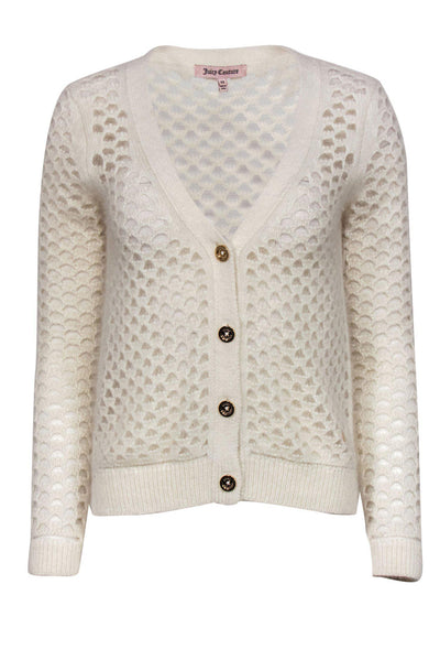 Current Boutique-Juicy Couture - White Rabbit Fur Blend Open Knit Button-Up Cardigan Sz XS