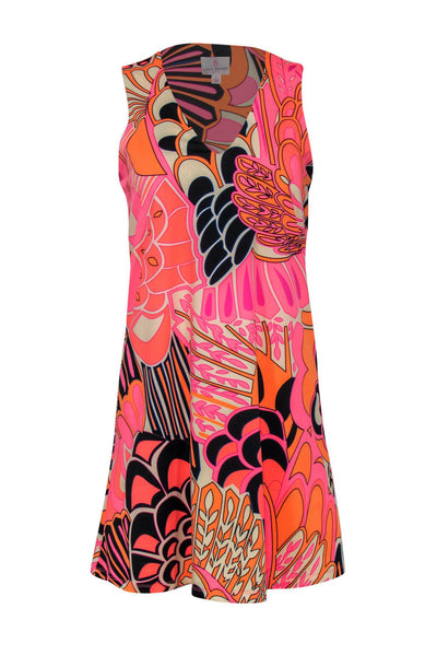 Current Boutique-Julie Brown - Neon Pink & Orange V-Neckline Printed Sheath Dress Sz P
