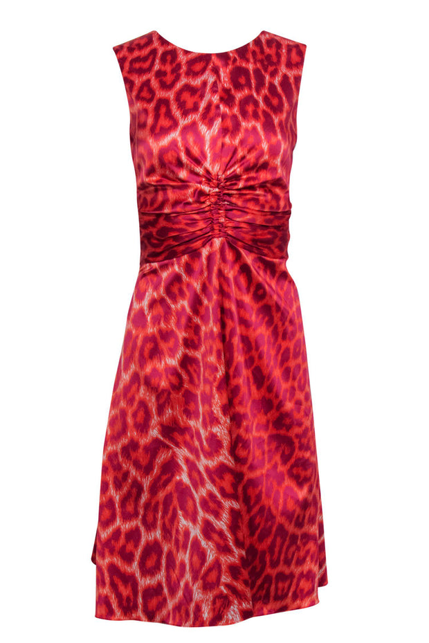 Current Boutique-Just Cavalli - Hot Pink & Purple Leopard Print Ruched Sleeveless Midi Dress Sz 4