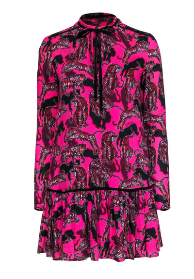 Current Boutique-Just Cavalli - Hot Pink Tiger Printed Ruffle Peasant Dress Sz 2