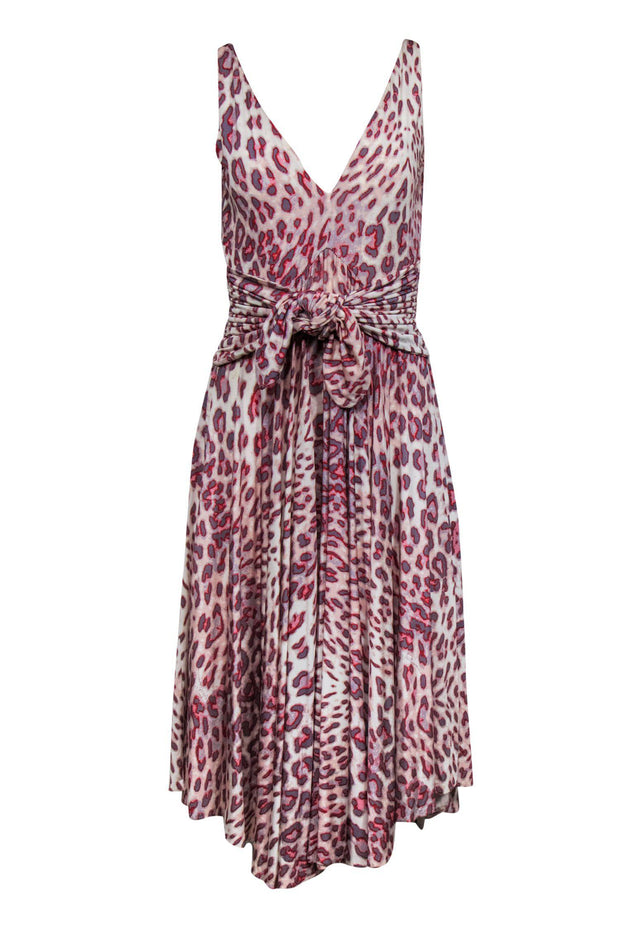 Current Boutique-Just Cavalli - Pink Leopard Print Midi Dress w/ Tie Sz 8