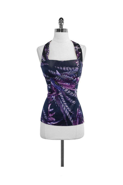 Current Boutique-Just Cavalli - Slate & Violet Print Silk Halter Top Sz 10