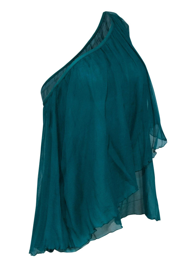 Current Boutique-Just Cavalli - Teal Draped One-Shouldered Silk Chiffon Tank Sz 6
