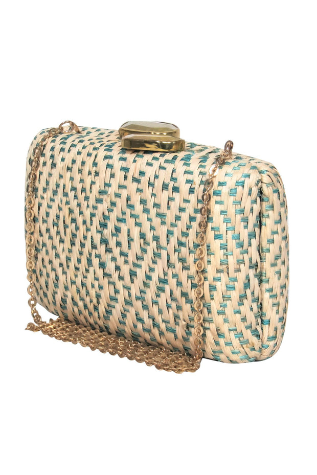 Current Boutique-KAYU - Beige & Teal Woven Wicker Clasped Gold Chain Crossbody