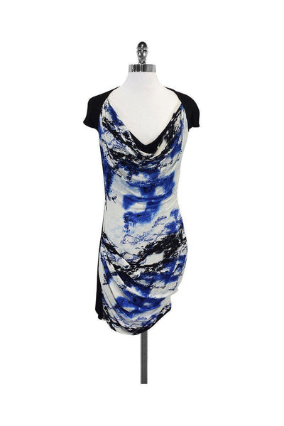 Current Boutique-Karen Millen - Black & Blue Abstract Print Short Sleeve Dress Sz 6