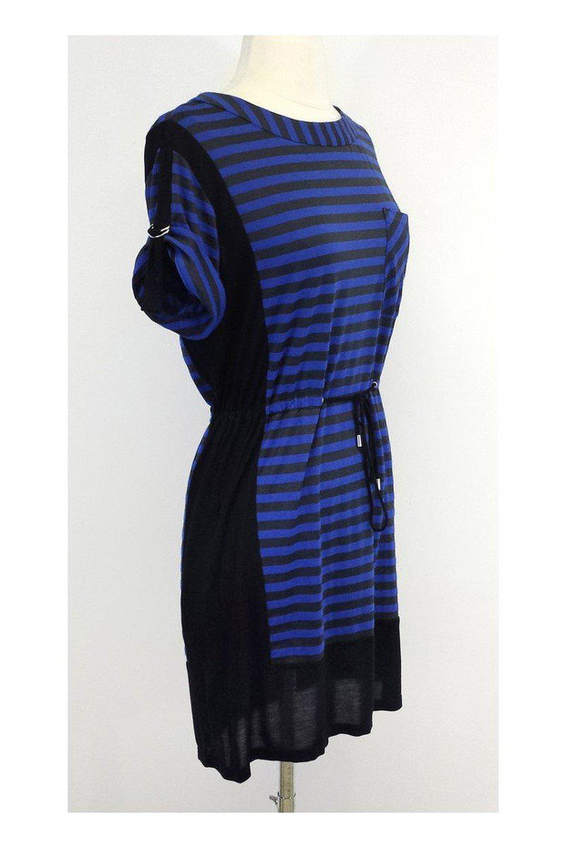 Current Boutique-Karen Millen - Black & Blue Striped Short Sleeves Dress Sz 2