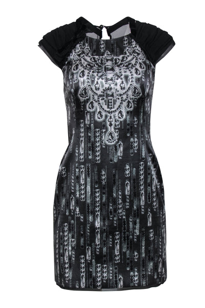 Current Boutique-Karen Millen - Black Diamond Print Sheath Dress w/ Pleated Sleeves & Velvet Trim Sz 6