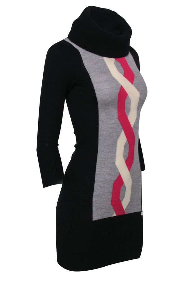 Current Boutique-Karen Millen - Black, Grey, Pink & White Merino Wool Turtleneck Sweater Dress Sz XS
