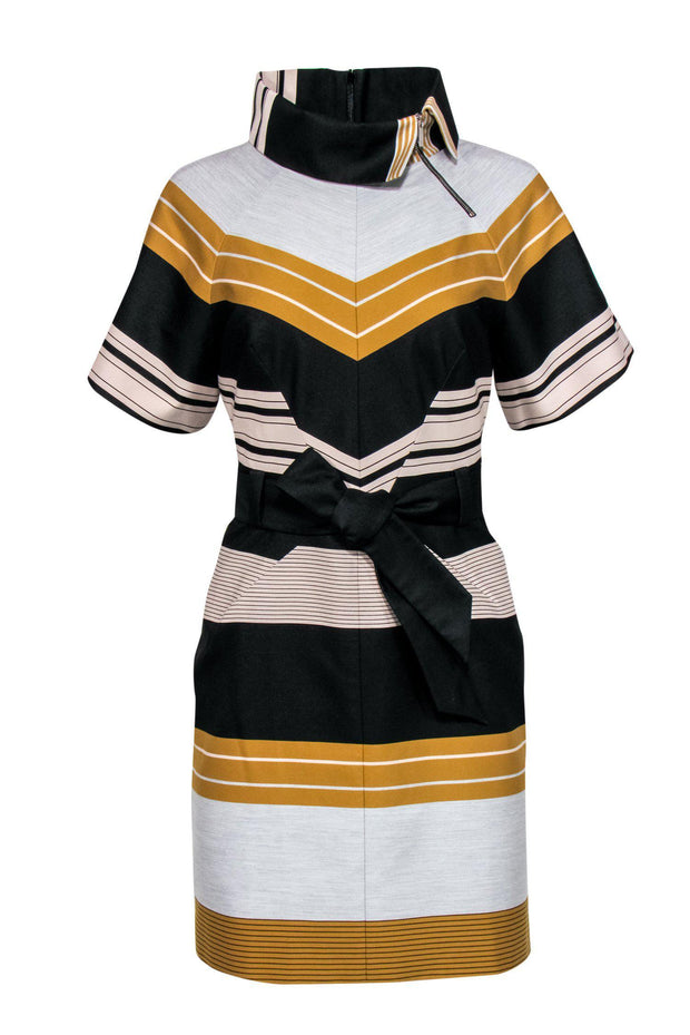Current Boutique-Karen Millen - Black, Grey & Yellow Striped Sheath Dress w/ Belt Sz 6