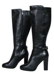 Current Boutique-Karen Millen - Black Leather Knee High Heeled Boots w/ Buckle Sz 7