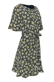 Current Boutique-Karen Millen - Black, Light Blue & Yellow Floral Print Belted Fit & Flare Dress Sz 10
