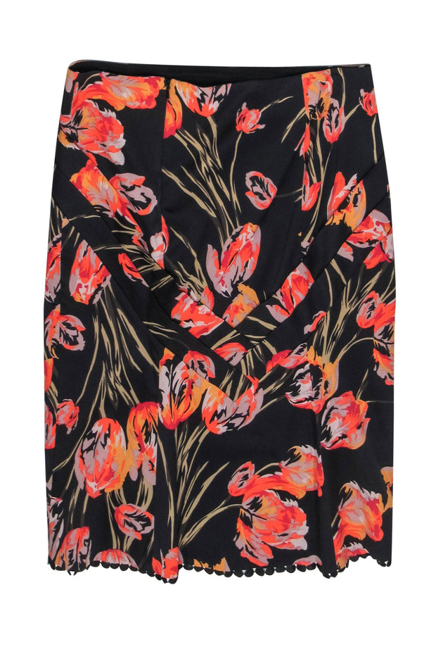 Current Boutique-Karen Millen - Black & Multicolor Floral Print Pencil Skirt w/ Pleated & Tassel Trim Sz 8