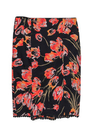 Current Boutique-Karen Millen - Black & Multicolor Floral Print Pencil Skirt w/ Pleated & Tassel Trim Sz 8