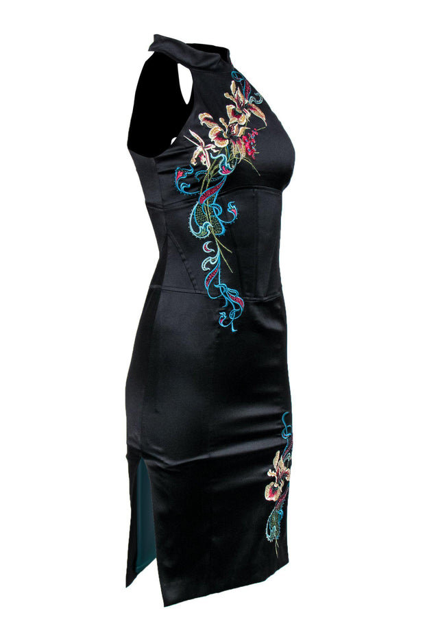 Current Boutique-Karen Millen - Black Silk Halter Sheath Dress w/ Floral Embroidery & Lace-Up Back Sz 4