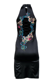 Current Boutique-Karen Millen - Black Silk Halter Sheath Dress w/ Floral Embroidery & Lace-Up Back Sz 4