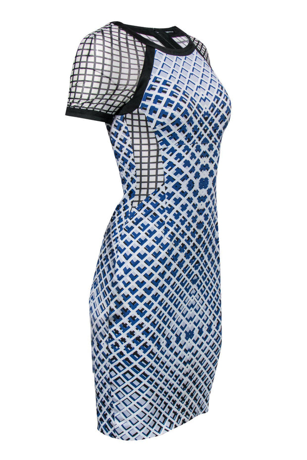 Current Boutique-Karen Millen - Blue & White Geometric Print Dress w/ Mesh Sz 4