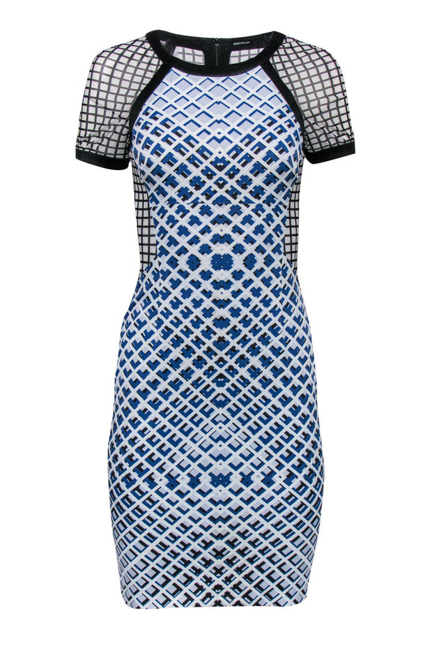 Current Boutique-Karen Millen - Blue & White Geometric Print Dress w/ Mesh Sz 4
