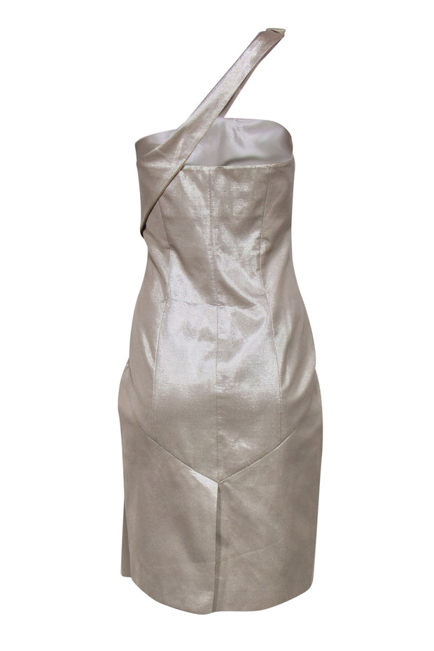 Current Boutique-Karen Millen - Champagne Shiny Pleated One-Shouldered Sheath Dress Sz 10