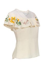 Current Boutique-Karen Millen - Cream Blouse w/ Embroidered Flounce Hem & Mesh Neckline Sz 6