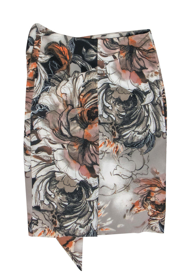 Current Boutique-Karen Millen - Gray, Black & Orange Floral Print Satin Ruffled Skirt Sz 2