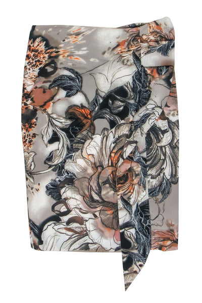 Current Boutique-Karen Millen - Gray, Black & Orange Floral Print Satin Ruffled Skirt Sz 2