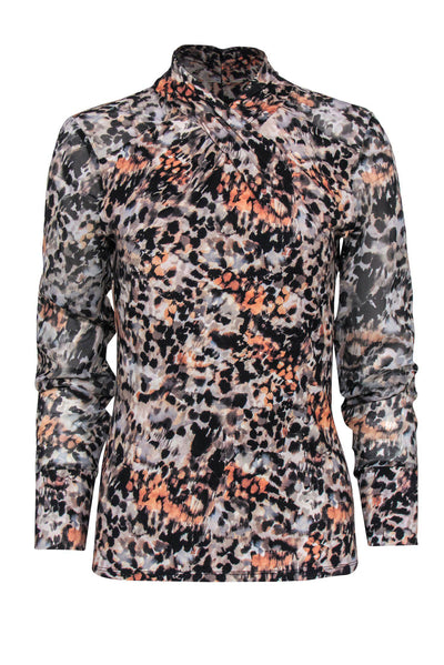 Current Boutique-Karen Millen - Gray & Orange Leopard Speckled Mesh Sleeve Top Sz 8