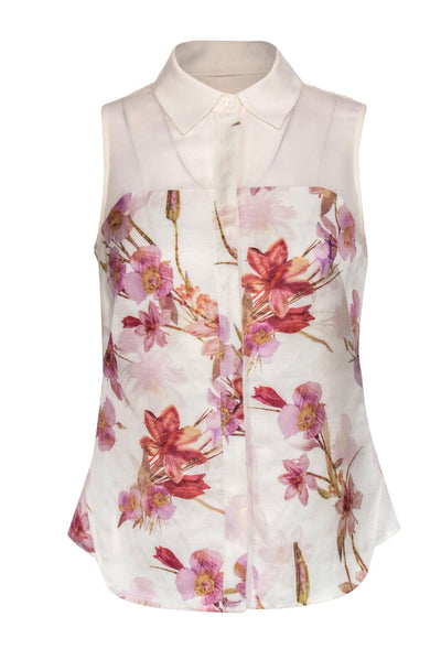 Current Boutique-Karen Millen - Ivory & Pink Floral Collared Sleeveless Blouse w/ Mesh Sz 4