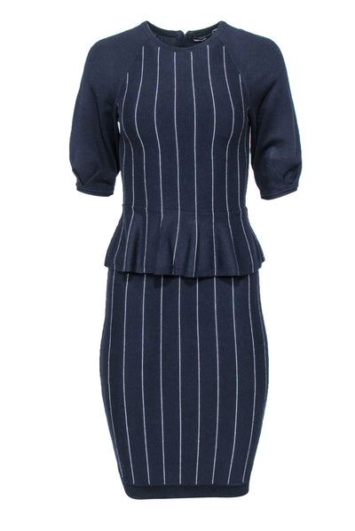 Current Boutique-Karen Millen - Navy Pinstriped Peplum Knit Sheath Dress Sz XS