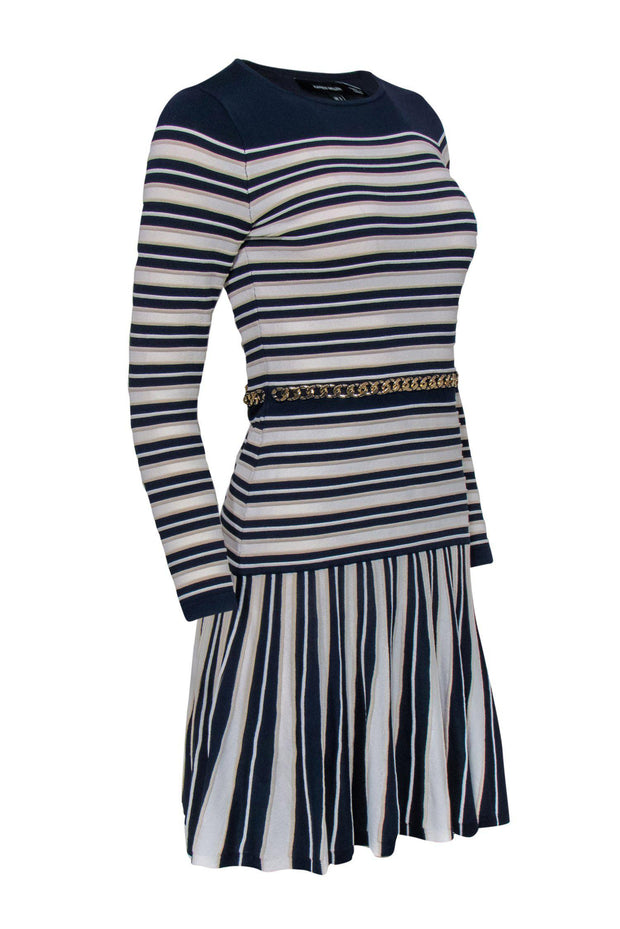 Current Boutique-Karen Millen - Navy, White & Cream Striped Ribbed Fit & Flare Dress Sz S