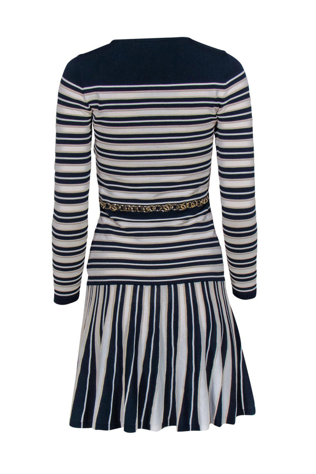 Current Boutique-Karen Millen - Navy, White & Cream Striped Ribbed Fit & Flare Dress Sz S