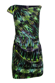 Current Boutique-Karen Millen - Purple & Green Swirled Satin Asymmetric Sheath Dress Sz 4