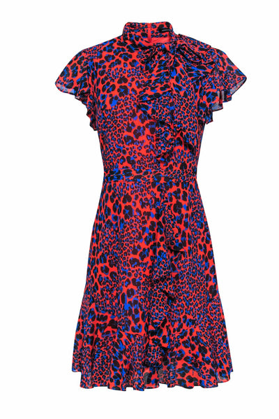 Current Boutique-Karen Millen - Red & Blue Leopard Print Dress w/ Studded Waist Sz 8