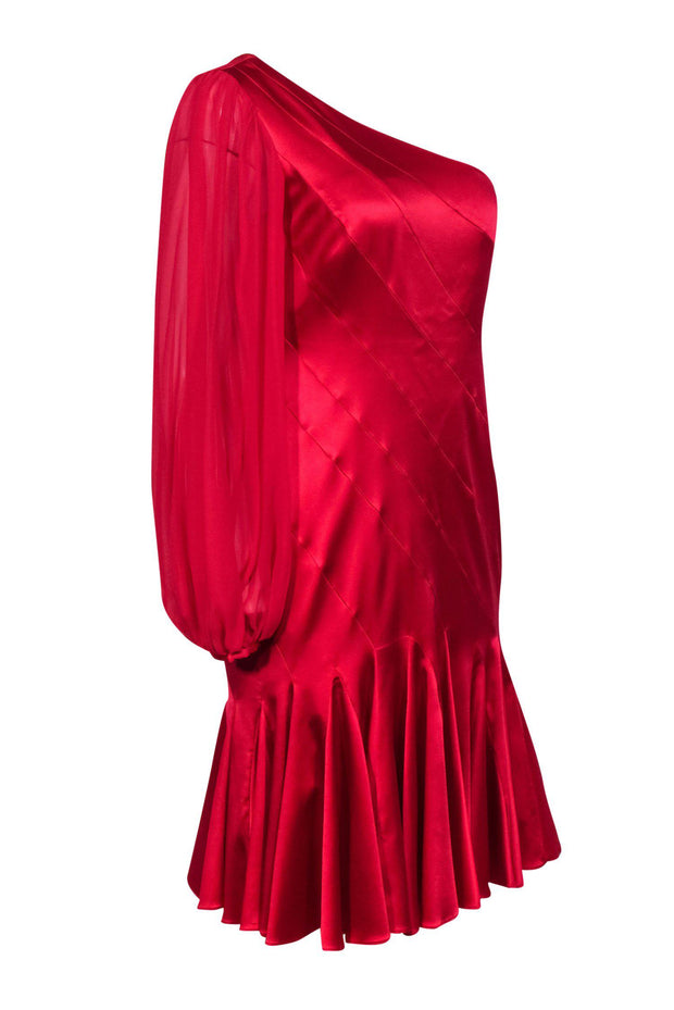 Current Boutique-Karen Millen - Red Satin Pleated Dress w/ Mesh Sleeve Sz 8