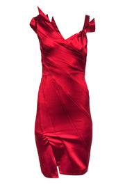 Current Boutique-Karen Millen - Red Satin Pleated Neckline Sheath Dress w/ Bow Accent Sz 4