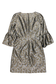 Current Boutique-Karen Millen - Silver & Gold Printed Textured Bell Sleeve Fit & Flare Dress Sz 2