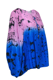Current Boutique-Karina Grimaldi - Pink & Blue Ombre Tie-Dye Effect Peasant Top Sz L