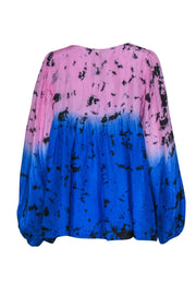 Current Boutique-Karina Grimaldi - Pink & Blue Ombre Tie-Dye Effect Peasant Top Sz L